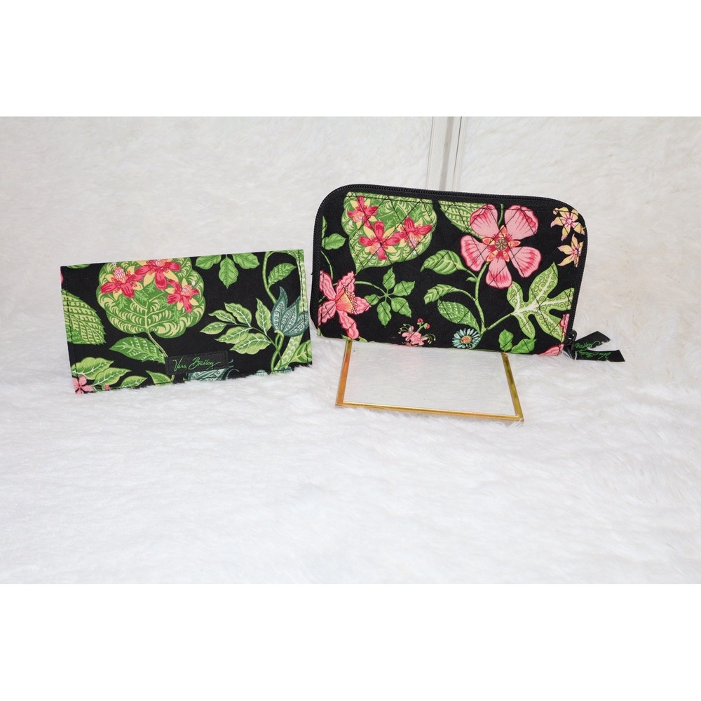 Vera Bradley Retired Botanica Black Floral Large Zip Wallet Checkbook Set